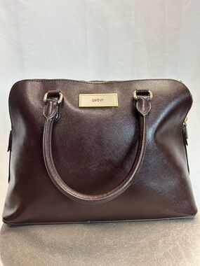 DKNY Dark Brown Saffiano Leather Satchel with Gold Plaque